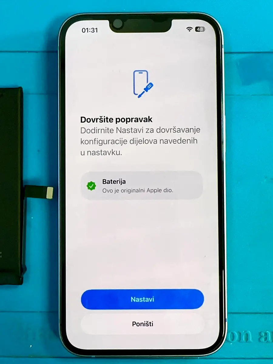 iOS 26 prikaz baterije kao originalnog dela nakon zamene – ITEK037 Kruševac